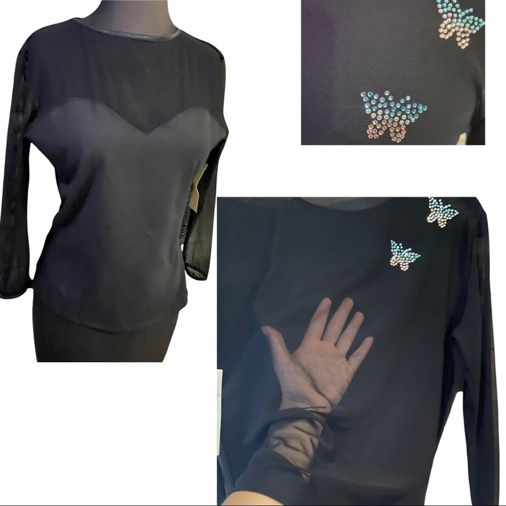 Vtg 90s Y2K Deadstock Sheer Illusion Top with Rhinestone Butterfly Shirt